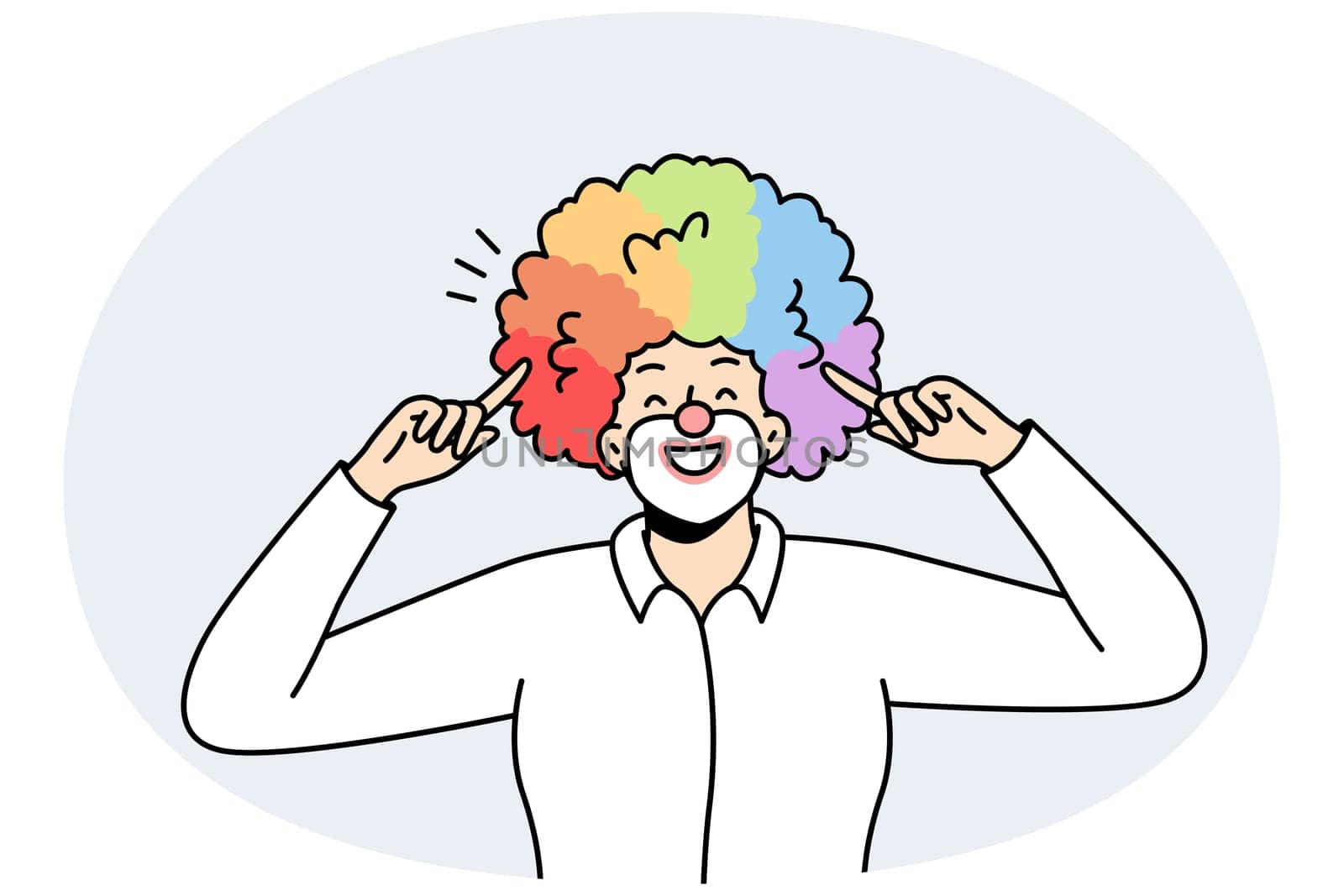 Portrait of male clown pointing with index fingers at his voluminous multicolored hairstyle, wig. LGBT smiling man with rainbow hairs. Gay pride. Front view. Vector minimalistic modern design.
