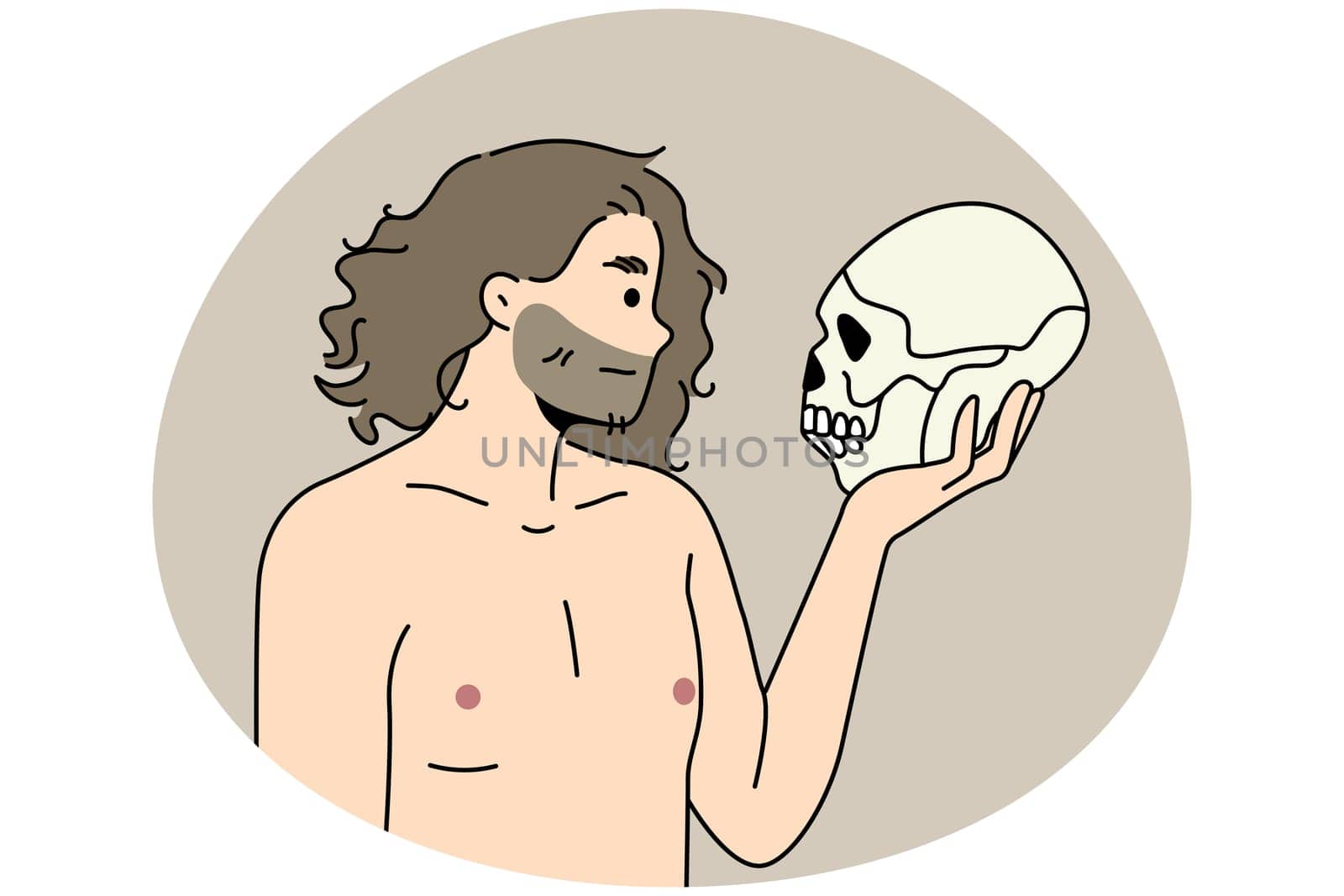 Neanderthal man holding in arms talking to ancestor skull. Prehistoric male with ancient human head braincase in hands. Vector illustration.