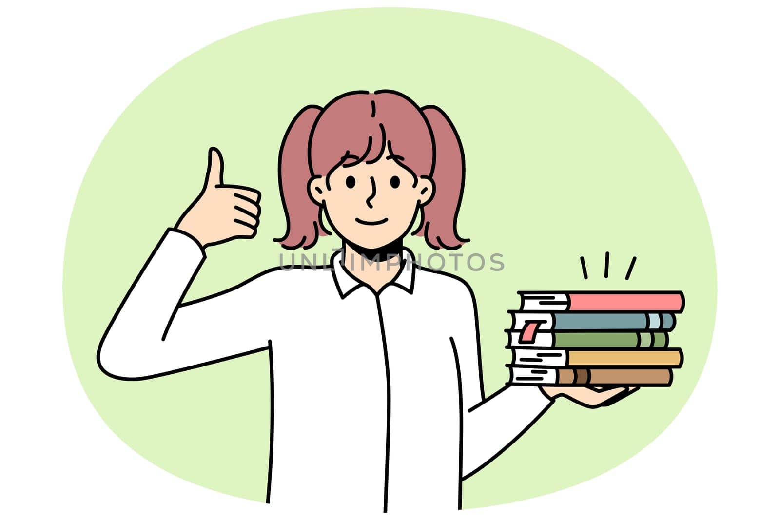 Girl holds pile of paper books, shows thumb up. Schoolgirl with textbooks loves to read, bookworm demonstrate like hand gesture. Student passed exam successfully. Vector outline coloured illustration.