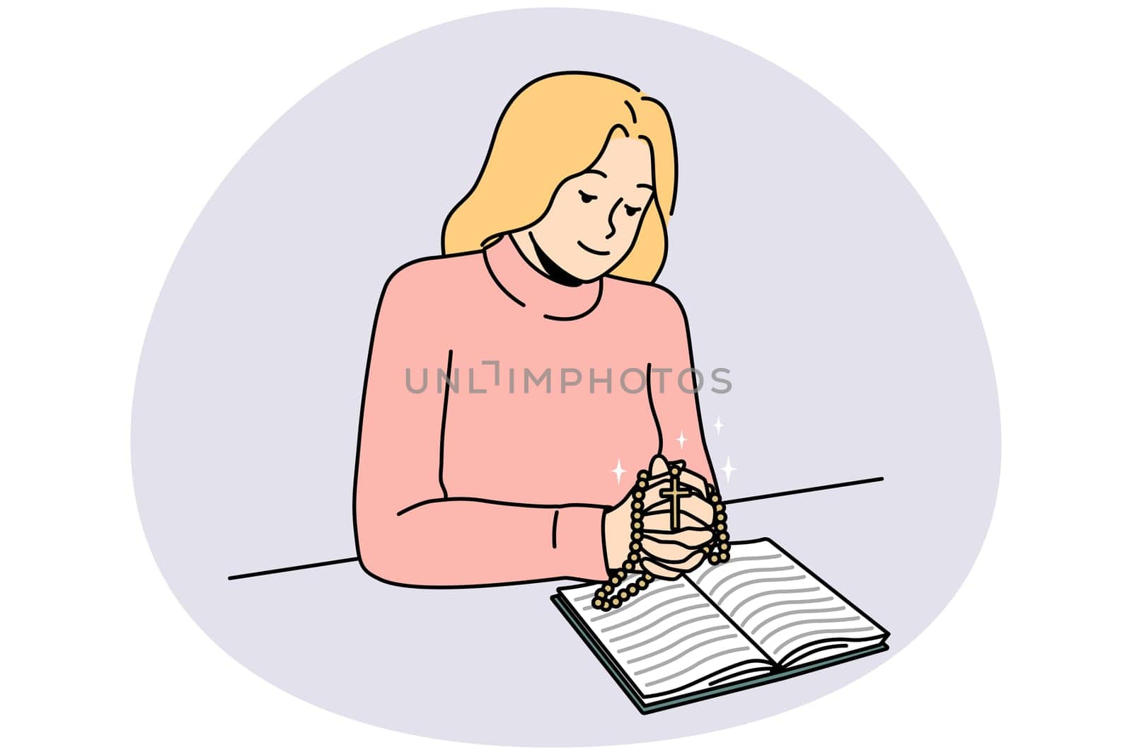 Religious young woman read bible pray with rosary. Female believer praying to god in church. Faith and religion. Vector illustration.