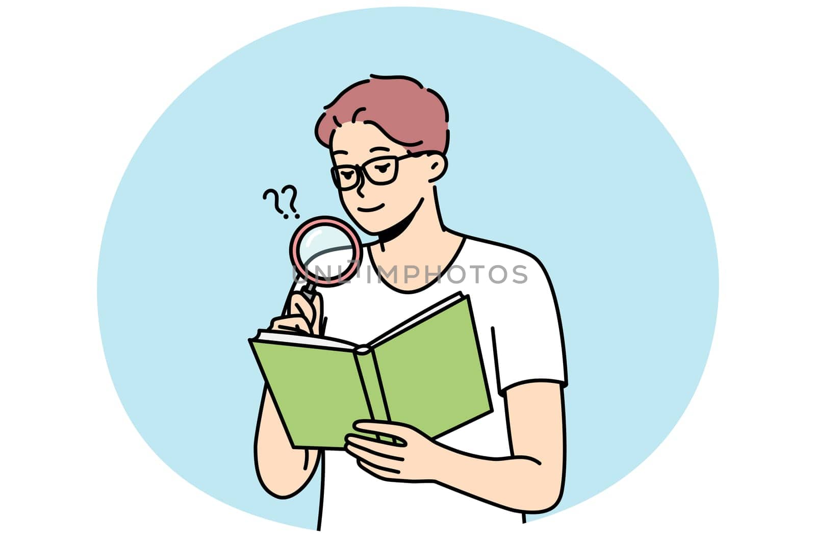 Spectacled young man reading book, studying using magnifying glass. Guy with poor eyesight is trying to view small text in coursebook with loupe. Boy with magnifier. Vector minimalistic modern design.