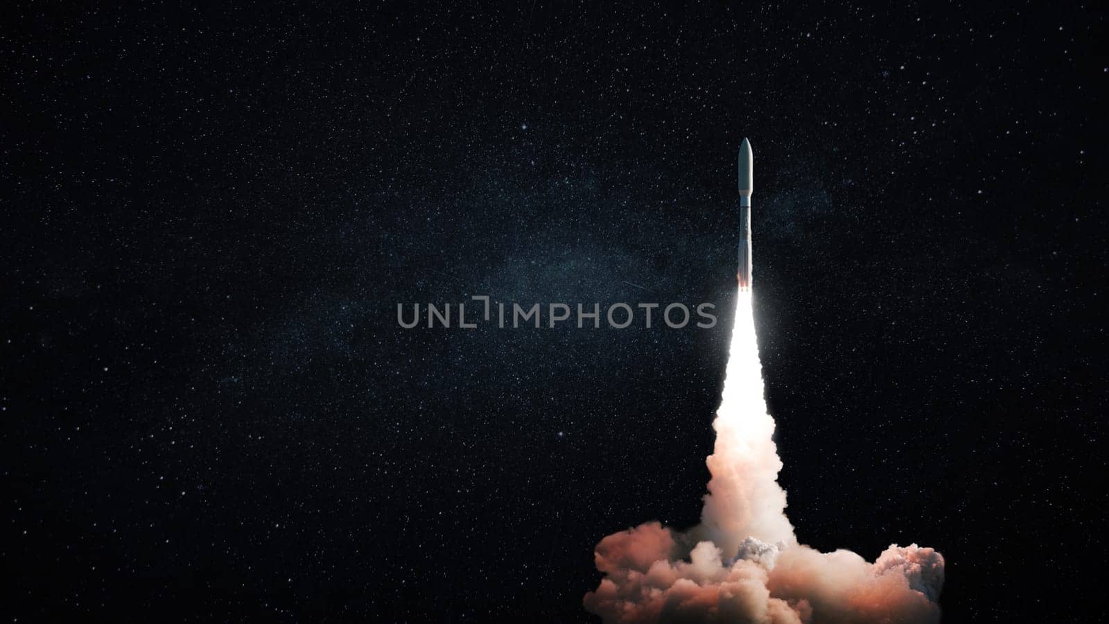 Space modern technology rocket with smoke and blast takes off to the night starry sky. Travel and space exploration, creative idea. Free space for text and design. Spaceship successful launch