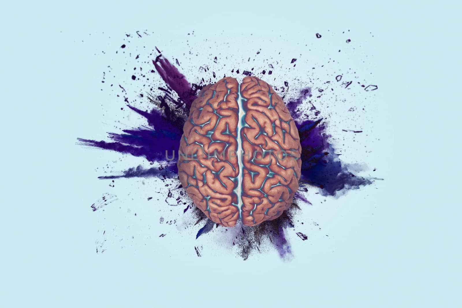 Creative brain explosion with splatter on blue light background. Brainstorming, concept. Think different, creative idea. Brain and explosion with paint splashes