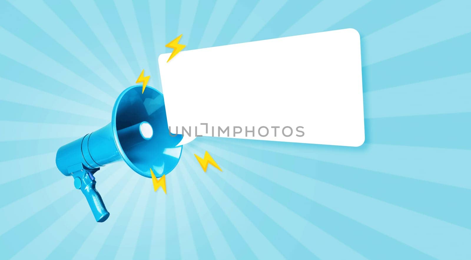 Blue creative loudspeaker with lightnings and message on blue vintage background. Creative idea, attention! Free space for design and text. Breakthrough concept.