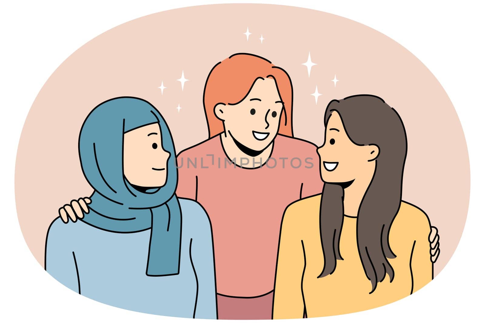 Smiling diverse multiethnic women hugging and talking. Concept of interracial multinational friendship. Vector illustration.