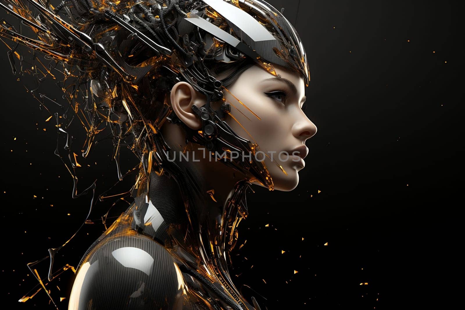 Illustration of a cyborg woman and Ai technology background with customizable space for text.