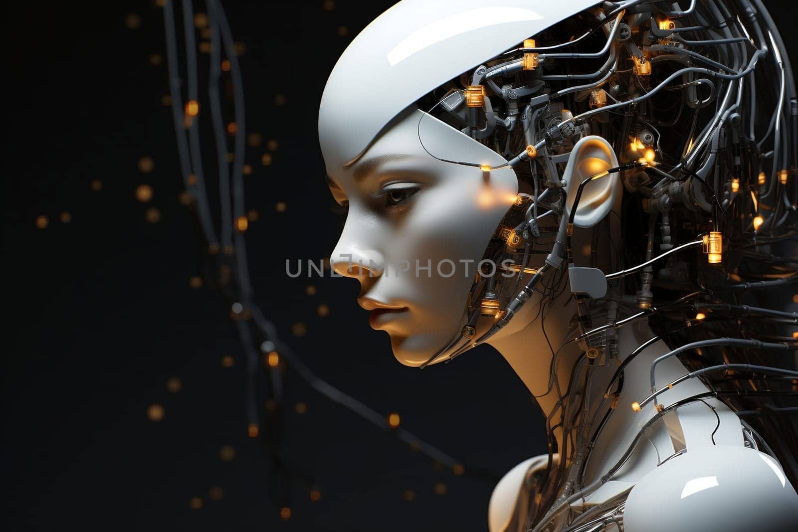 Illustration of a cyborg woman and Ai technology background with customizable space for text.
