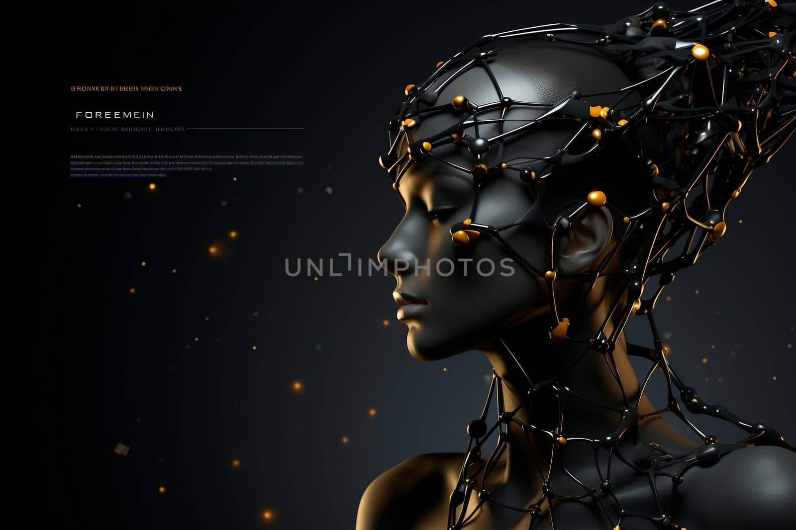 Illustration of a cyborg woman and Ai technology background with customizable space for text.