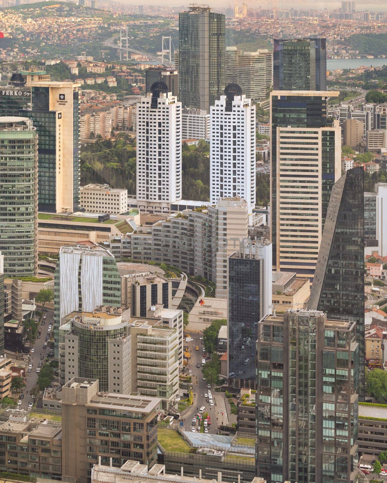 Stunning aerial view from Istanbul Sapphire skyscraper with towering skyscrapers and the Bosphorus Strait in the far end, Istanbul, Turkey