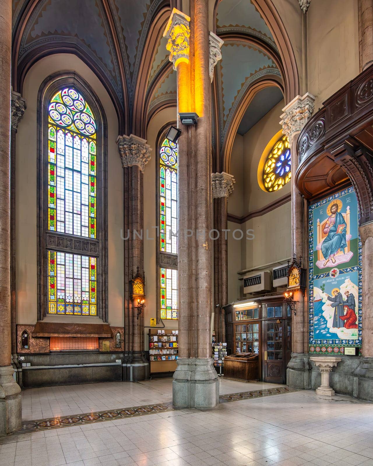 Interior of St. Anthony of Padua Church, the largest Roman Catholic church in then city, with beautiful stained glass windows and colorful mural, Istiklal Street, Istanbul, Turkey