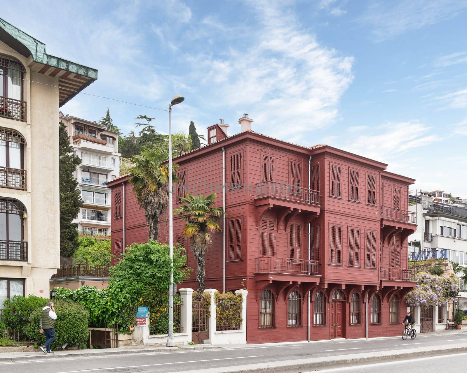 Istanbul, Turkey - May 12, 2023: Late Ottoman residential architecture Halet Cambel Mansion, or Red Mansion, located in Arnavutkoy by Bosphorus Strait. Currently a shoreline state guesthouse