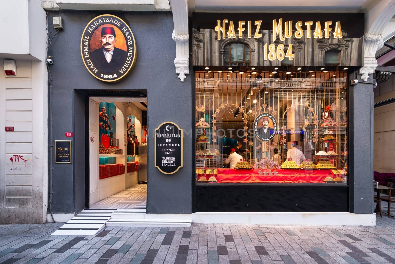 Istanbul, Turkey - May 13, 2023: Display window of Hafiz Moustafa, an old traditional Turkish Delight shop, in Istiklal Street, near Taksim Square