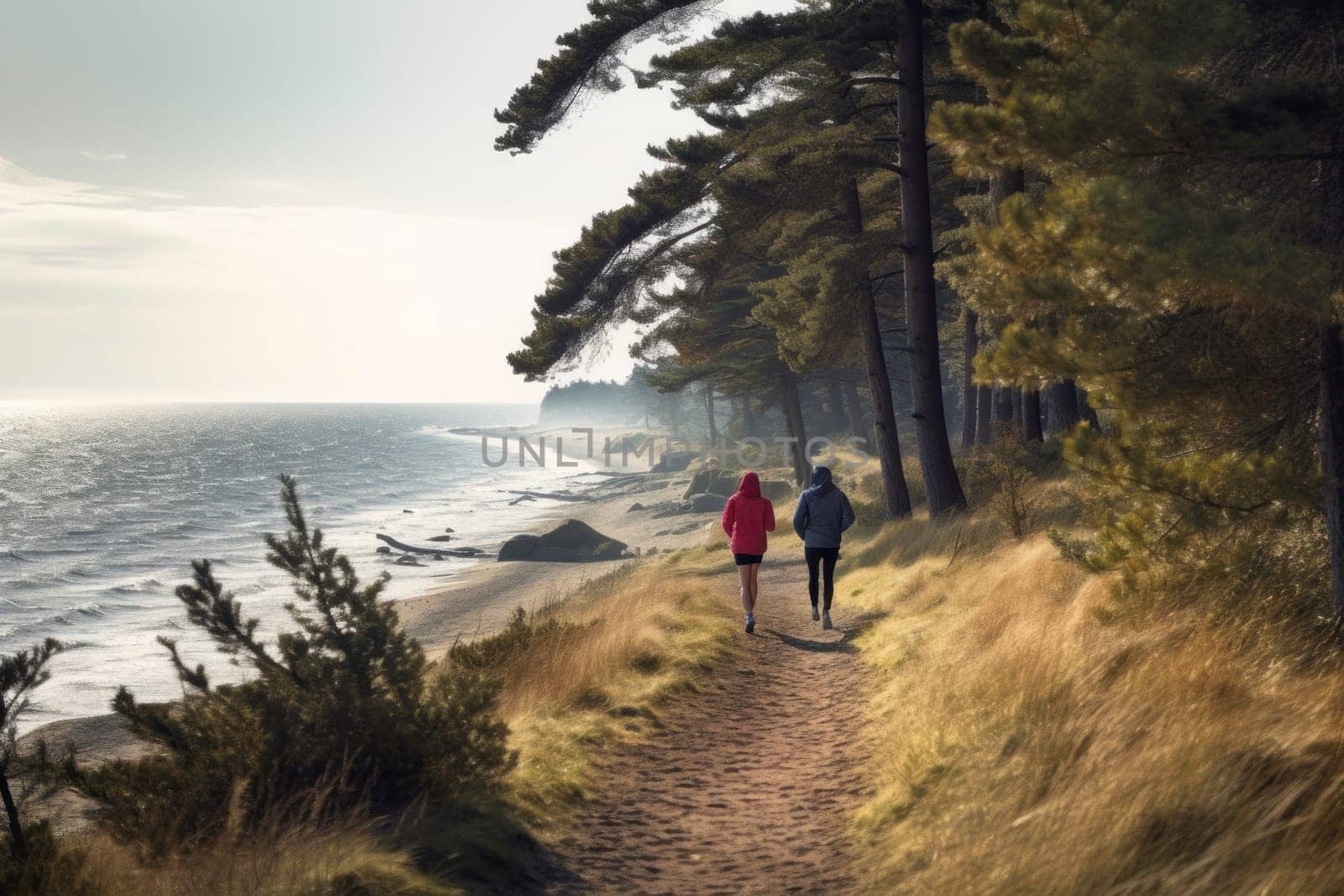 Friends running outdoor on autumn sunny day. Man and woman jogging by the sea. Active people. Cardio training. Physical fitness. Cardio workout. Healthy lifestyle. Daily routine of active people. Body exercising close to nature