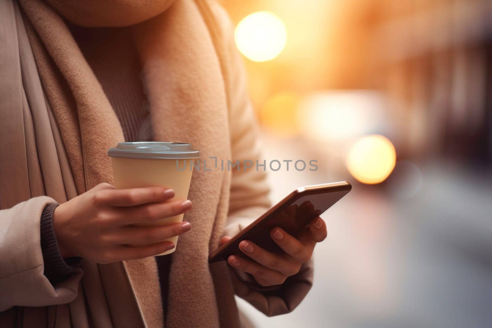 Woman having hot coffee on the go outdoors on winter day. Female using mobile phone. Enjoying takeaway coffee. Woman dressed warm standing in a street downtown
