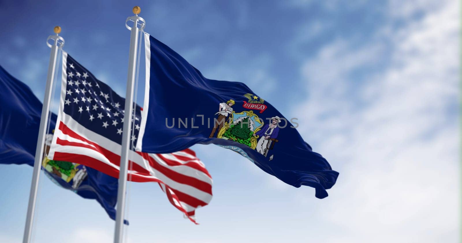 Maine state flags and the American flag waving in the wind on a clear day. US state flag. Pride and patriotism concept. 3d illustration render. Rippling fabric. Selective focus