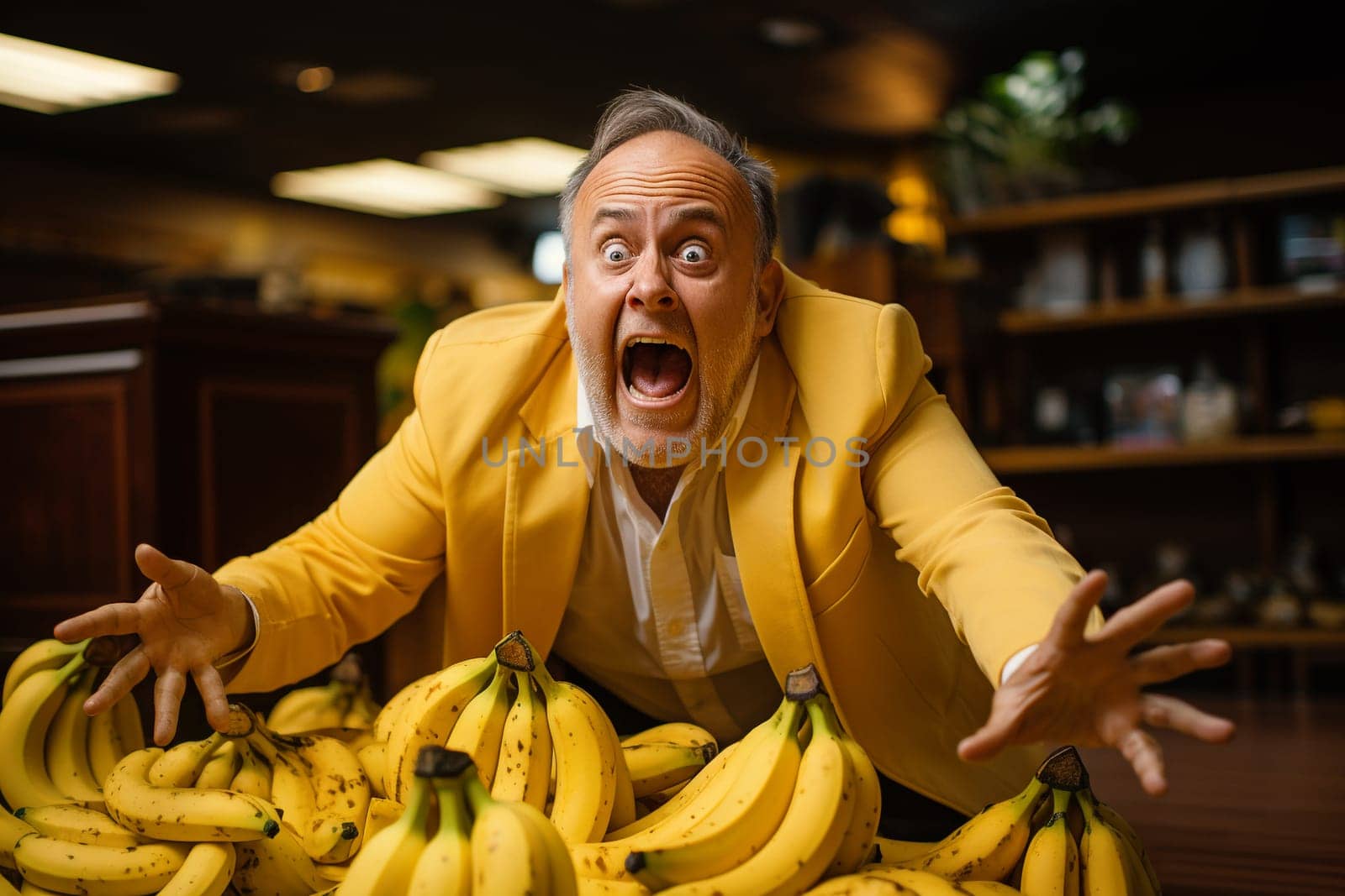 Hungry man finding yellow bananas, suprised excited face, hands grab for the fruits, awkward and funny moment