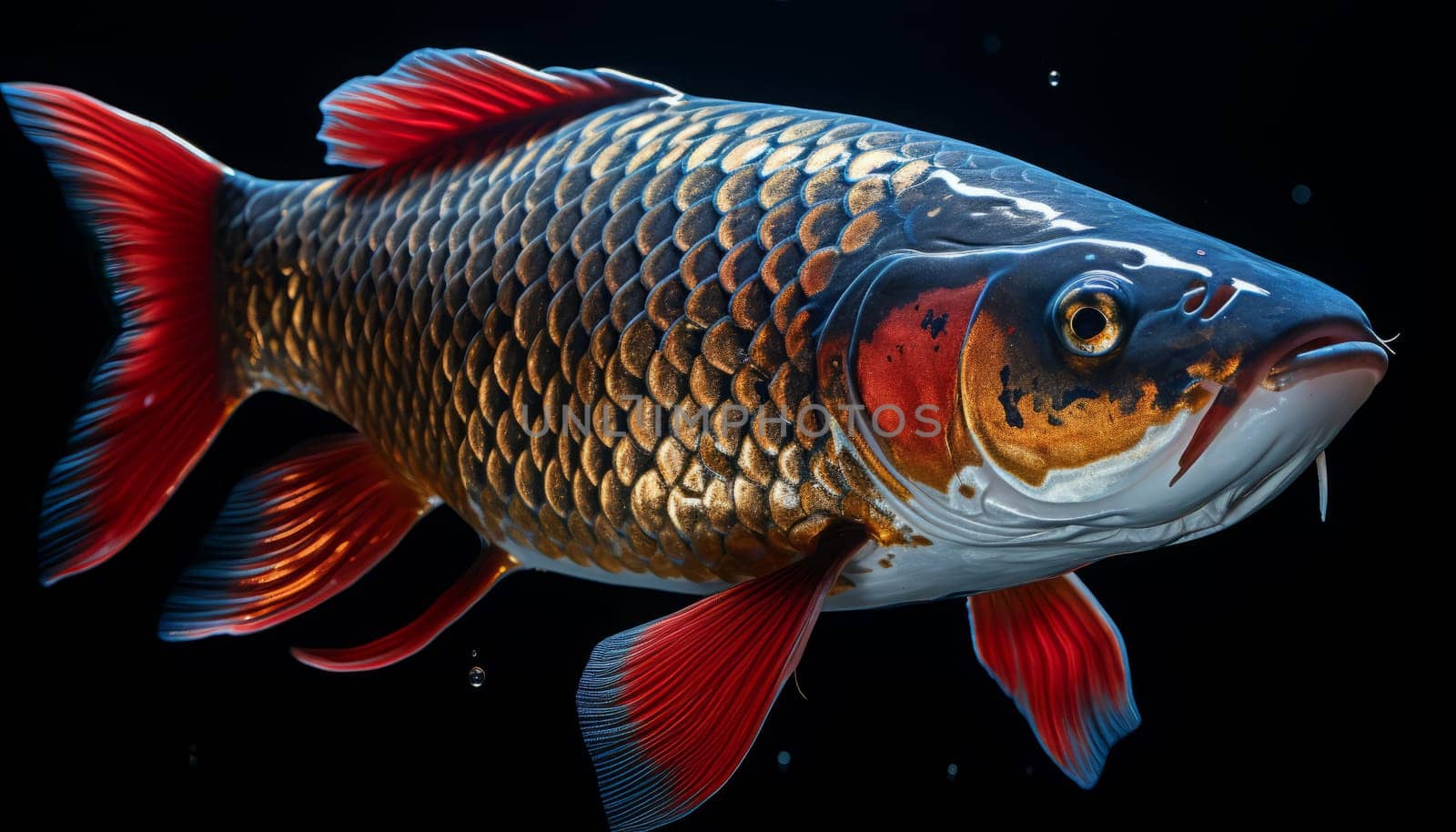 Close up view of Koi fish on dark background.