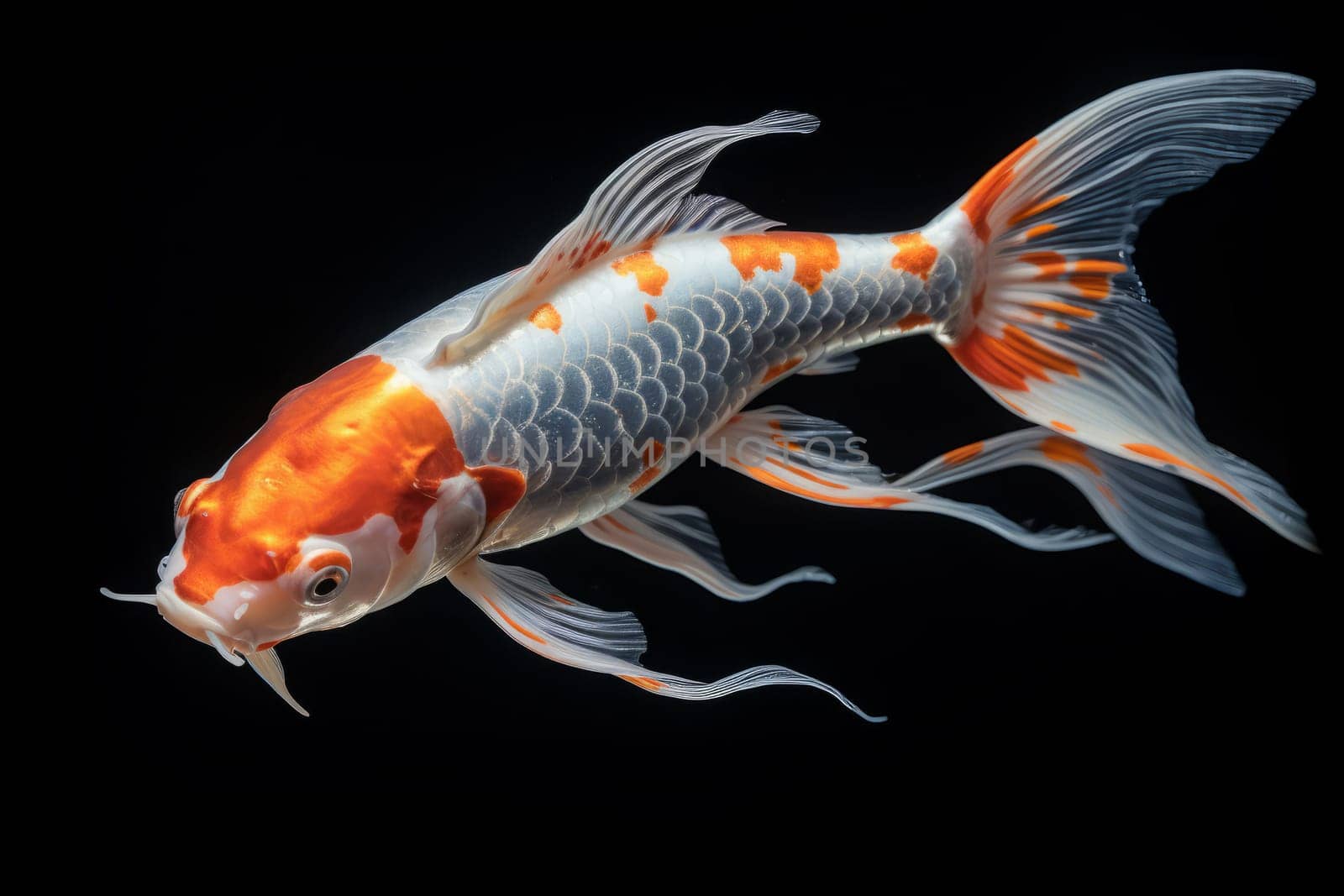 Beautiful butterfly Koi fish on dark background.