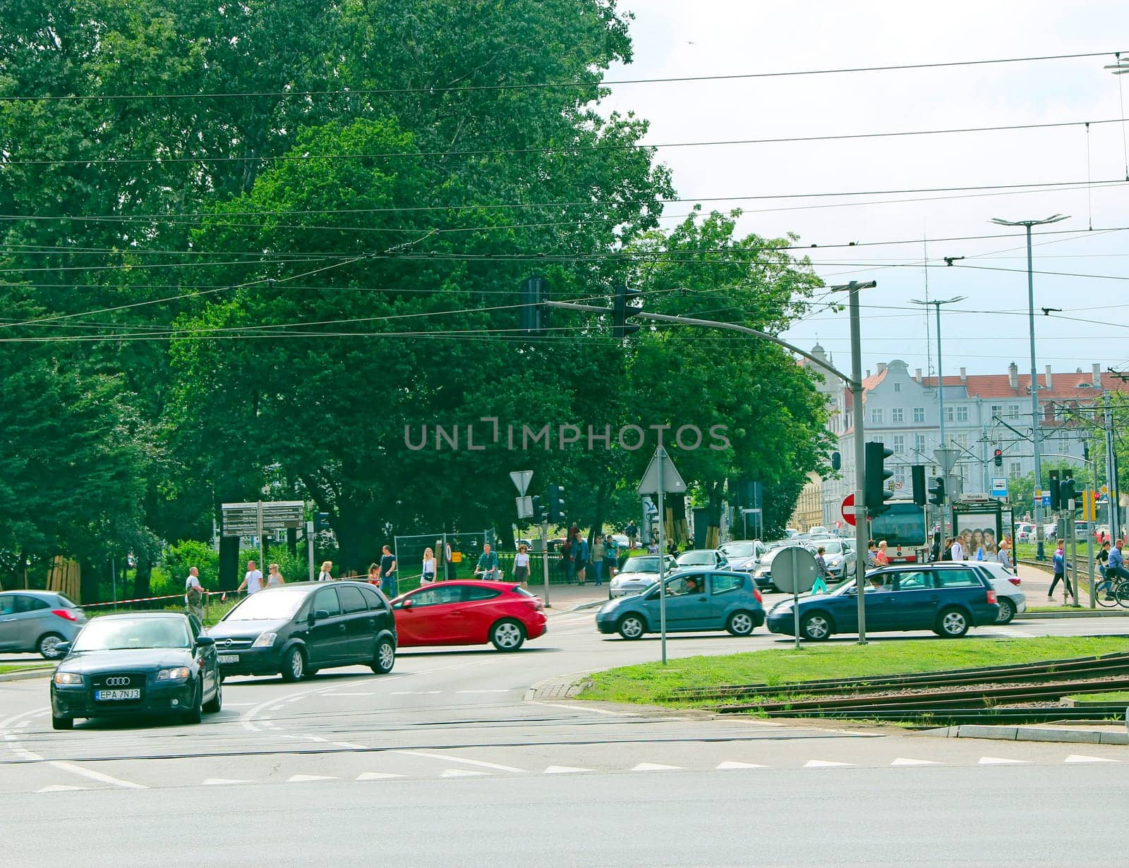 Queue of cars in the street traffic of Gdansk. Line of cars on the road. traffic jam in city. Transport standing in traffic jam. Transport at city crossroads