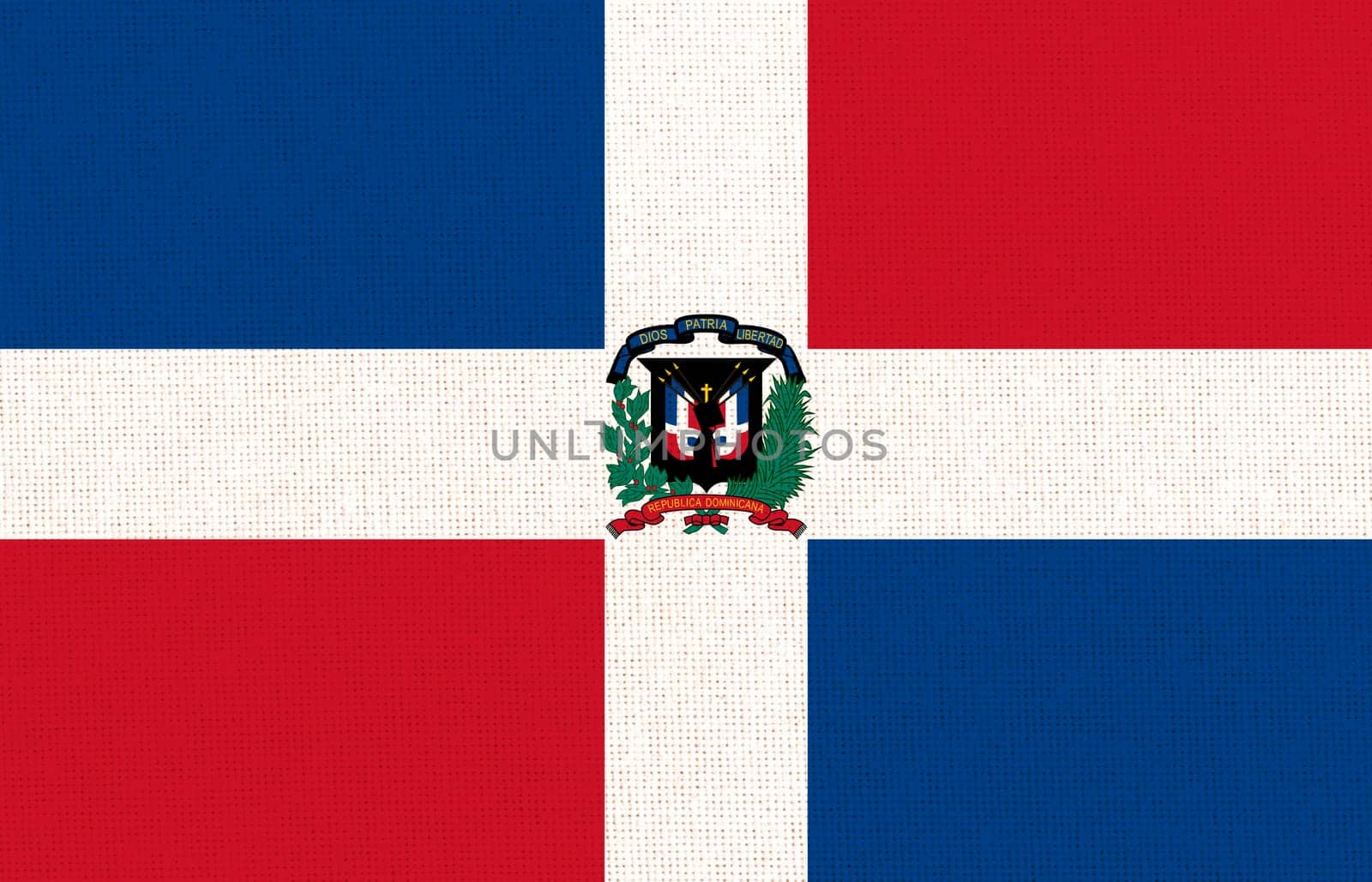 flag of Dominican Republic. National flag of Dominican Republic on fabric surface. national flag on textured background. Fabric Texture. Dominican Republic. Island country. 3 D illustration