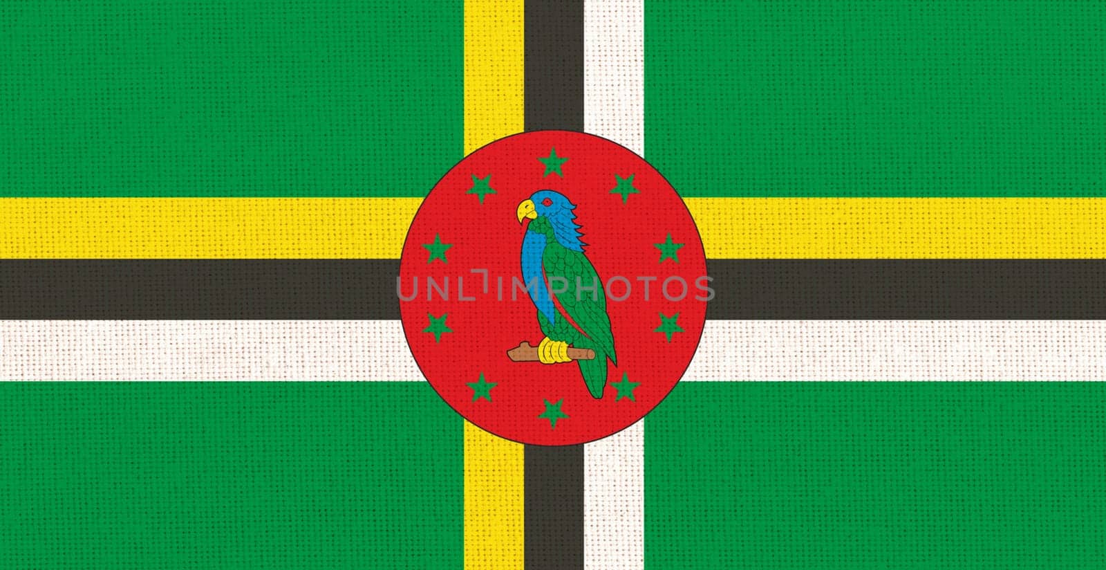 flag of Dominica. National Dominica flag on fabric surface. national flag on textured background. Fabric Texture. Republic of Dominica. Island country. 3 D illustration