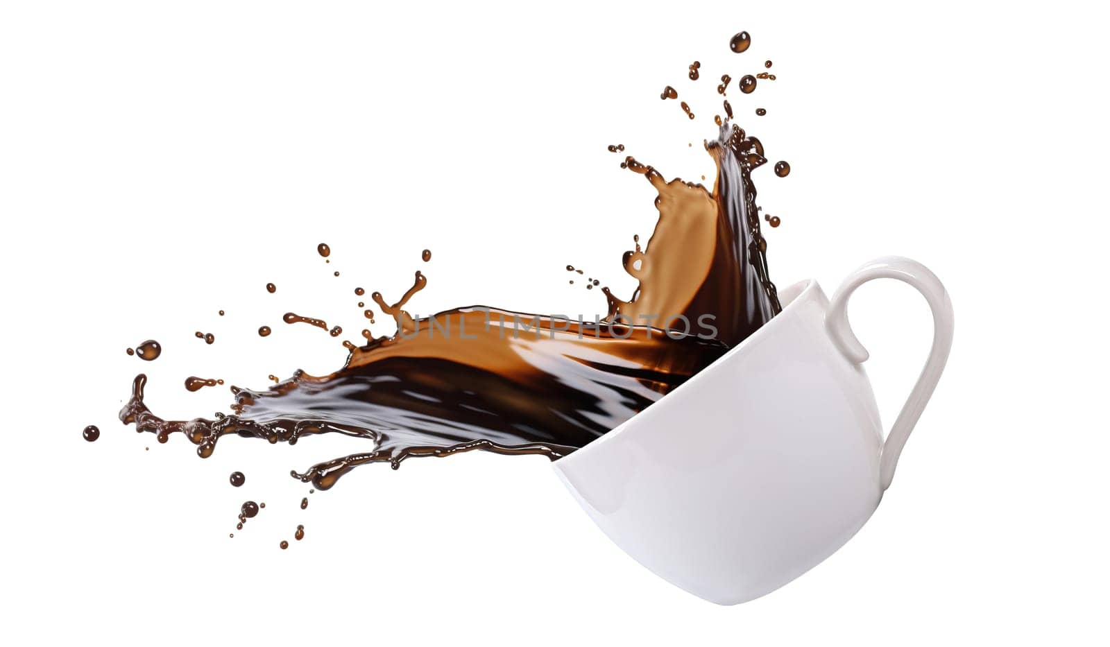 coffee splashing out from a white cup mug isolated on white background. A.I. generated image.