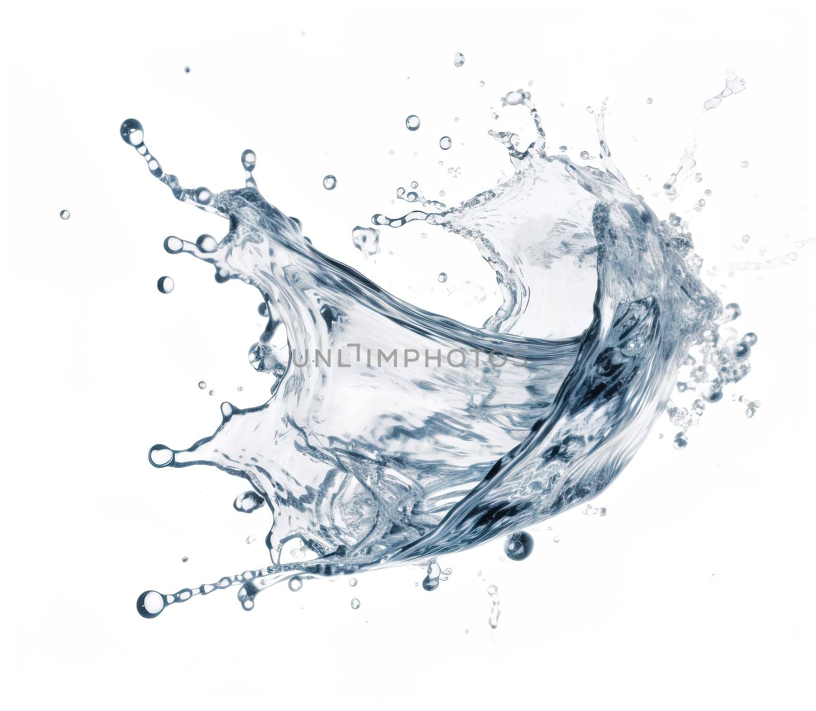 water splash suspended freely in the air, frozen in time against a clean white background. A.I. generated image.