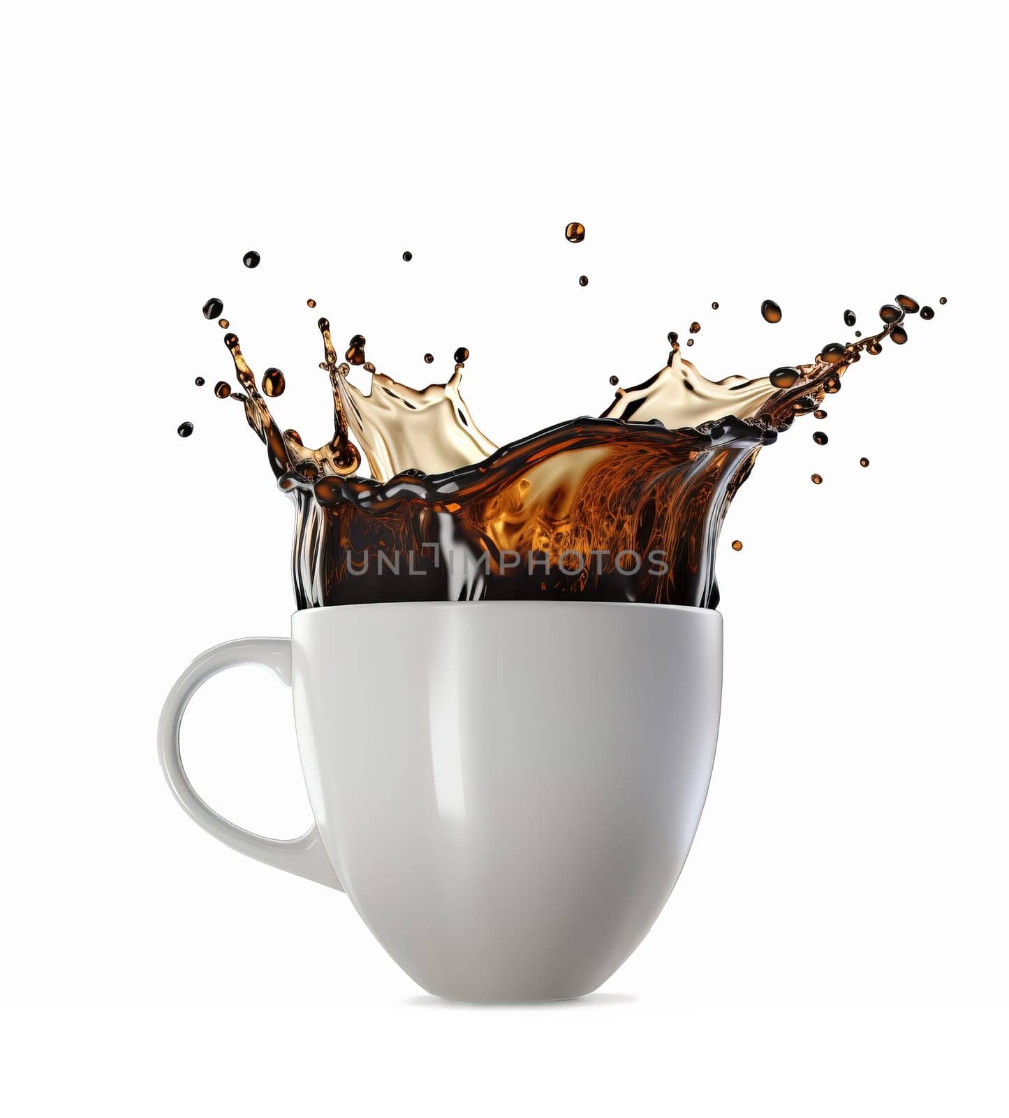 white porcelain cup with coffee splash side view on white background. A.I. generated image.