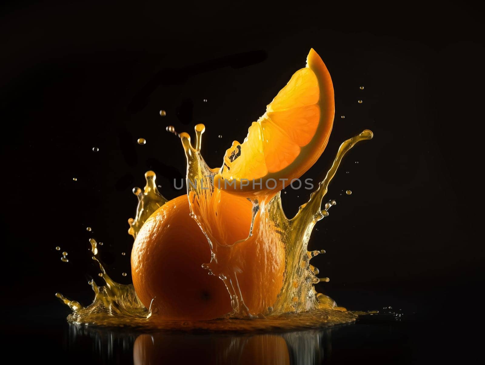an orange and a slice of orange splashing into a pool of vibrant orange juice on a dark reflecting surface, set against a black background. A.I. generated image.
