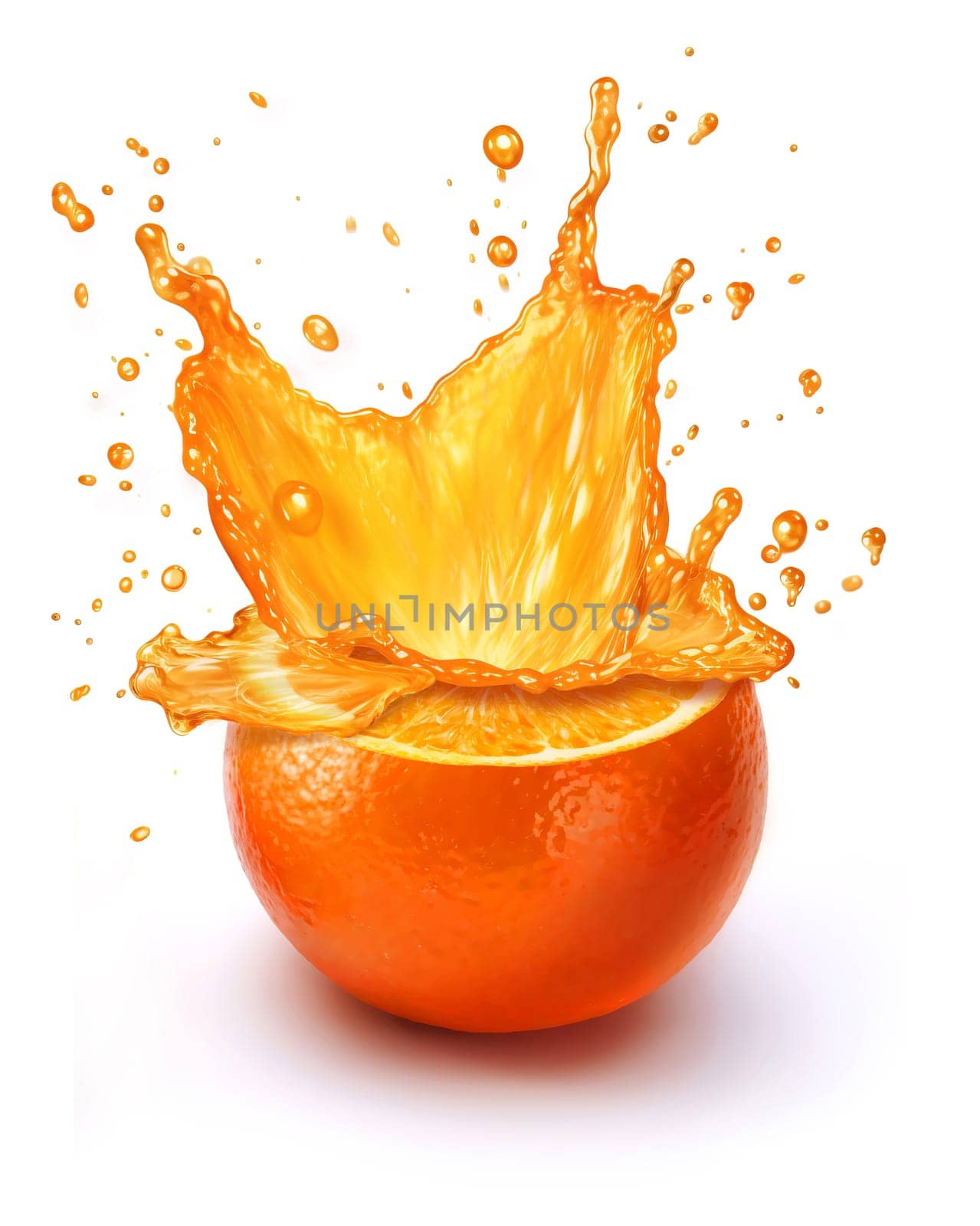 half orange with a splash of orange juice on it, presented on a white surface with a subtle drop shadow. A.I. generated image.