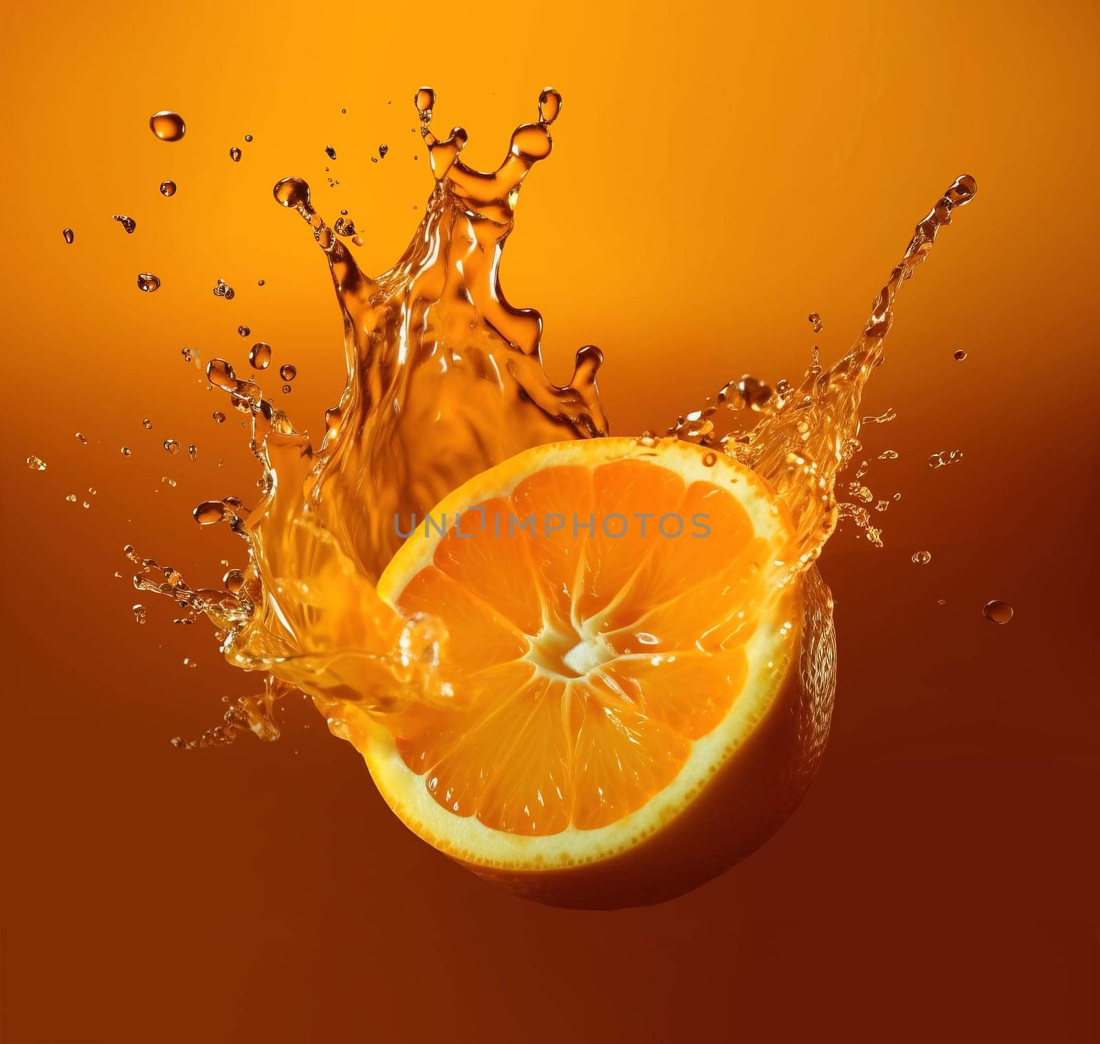 half orange with juice splashing over it, set against a gradient background of mesmerizing orange hues. A.I. generated image.