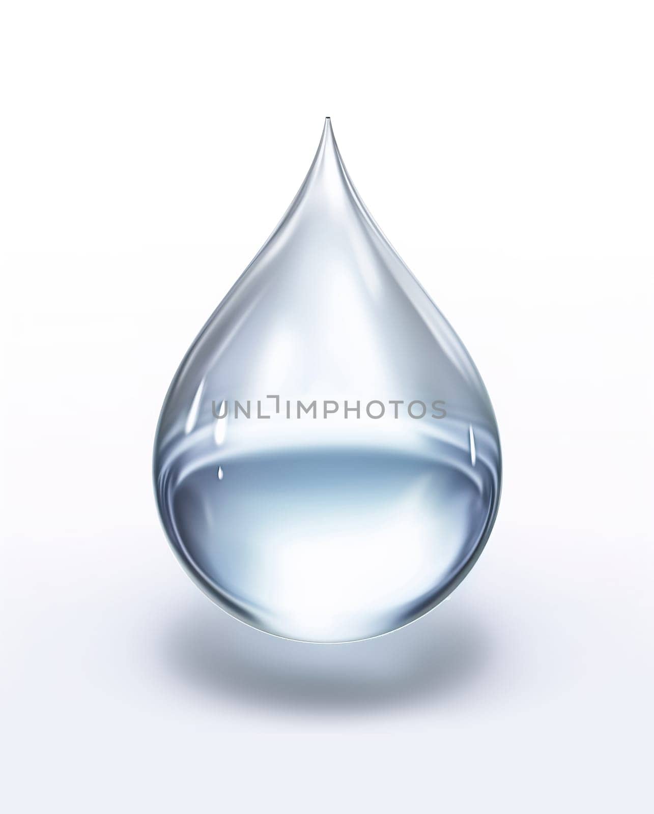 Water drop close up view isolated on white background. A.I. generated image.