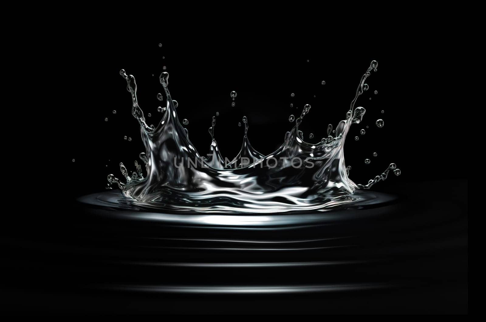 Water crown splash close up with round ripples on black background. Generative A.I.
