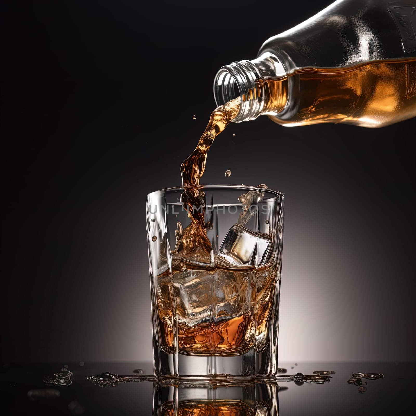 bottle of whiskey pouring its amber liquid into a glass over ice cubes. Set against a dark background. A.I. generated image.