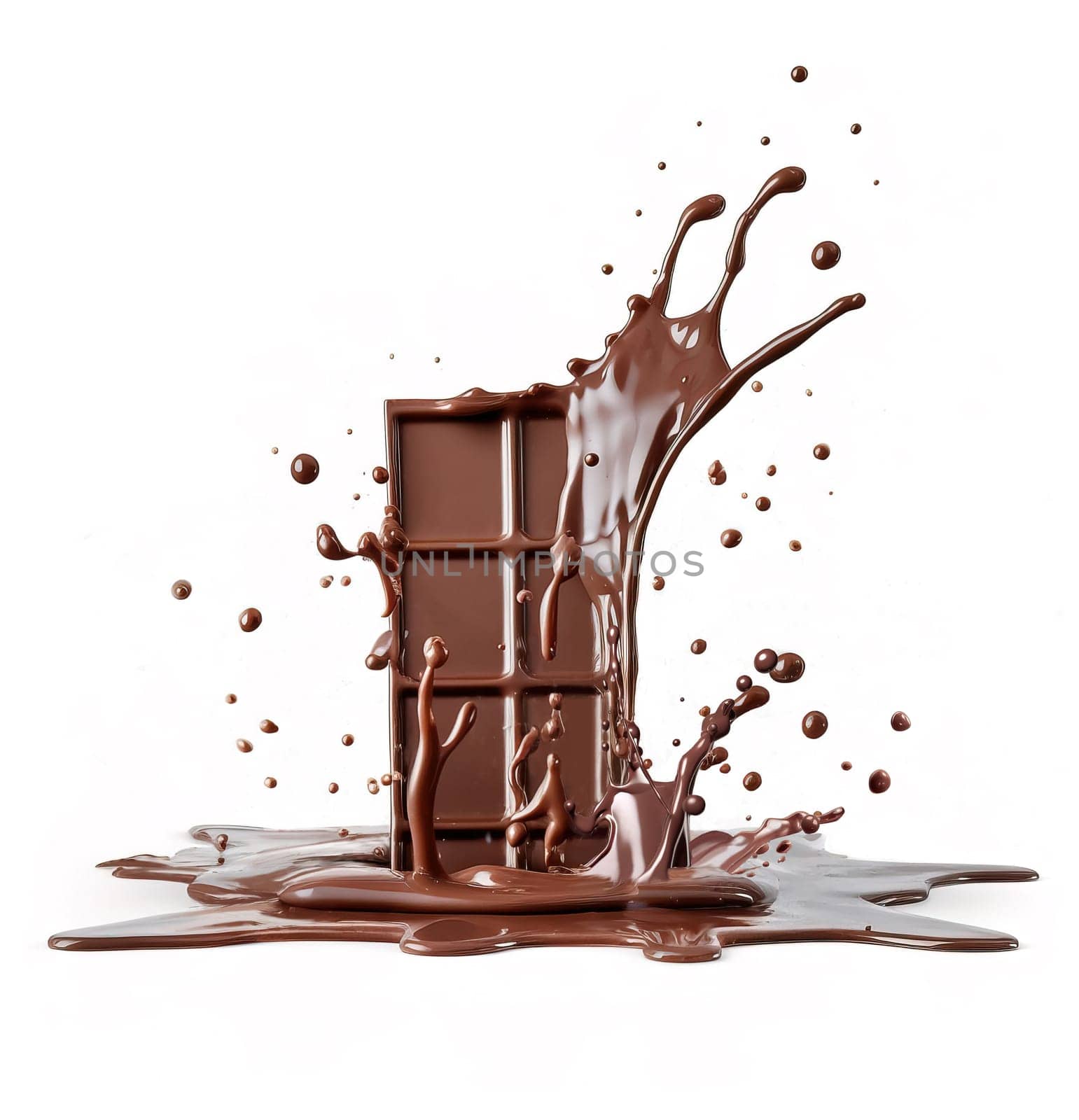 chocolate bar gracefully splashing into a pool of velvety liquid chocolate on a pristine white surface. A.I. generated image.