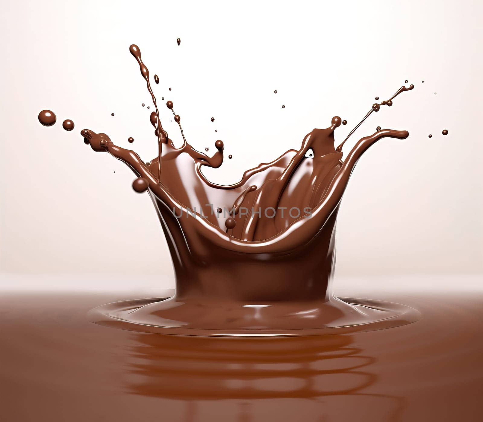 Liquid Chocolate crown splash in a pool of liquid chocolate and ripples. Isolated On white background. perspective low view point, close up. A.I. generated image.
