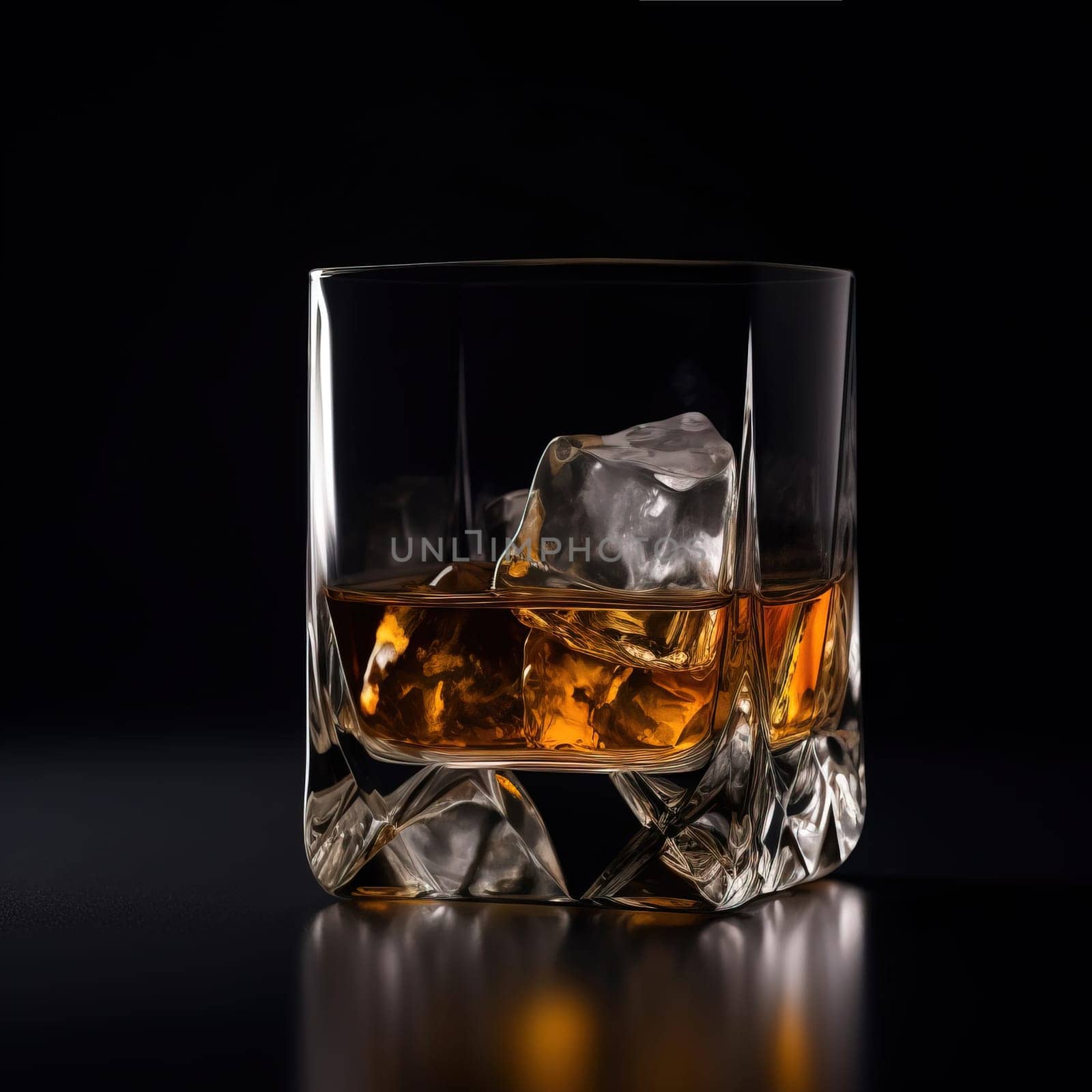 elegant image showcasing a glass of whiskey exuding sophistication accompanied by perfectly placed ice cubes. Set against a sleek black background with surface reflection. A.I. generated image.