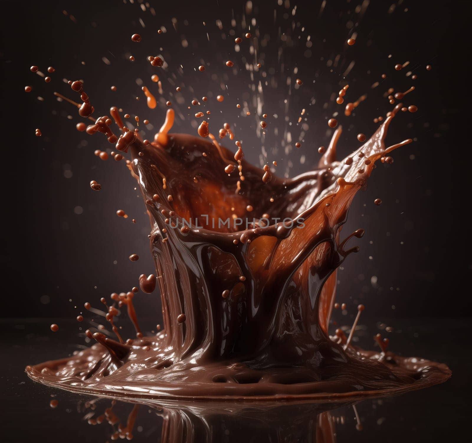 An impactful and visually stunning image featuring a large and dynamic liquid chocolate splash frozen in time against a dark background. A.I. generated image.