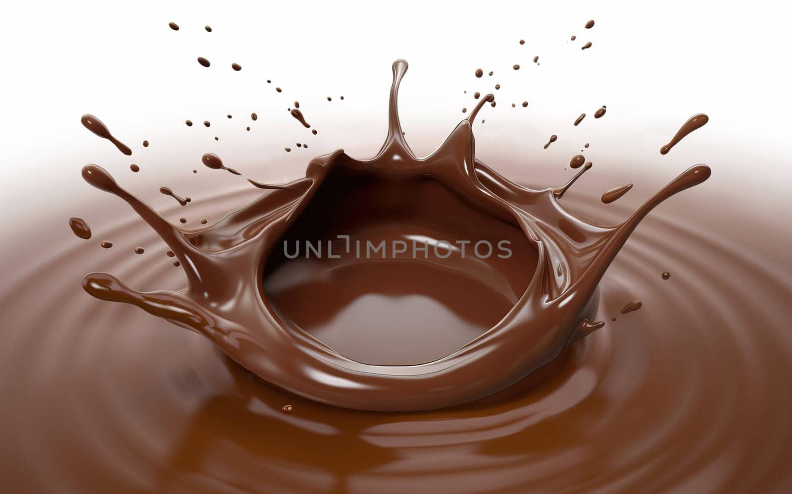 Liquid chocolate crown splash with ripples. Bird eye view. On white background. A.I. generated image.