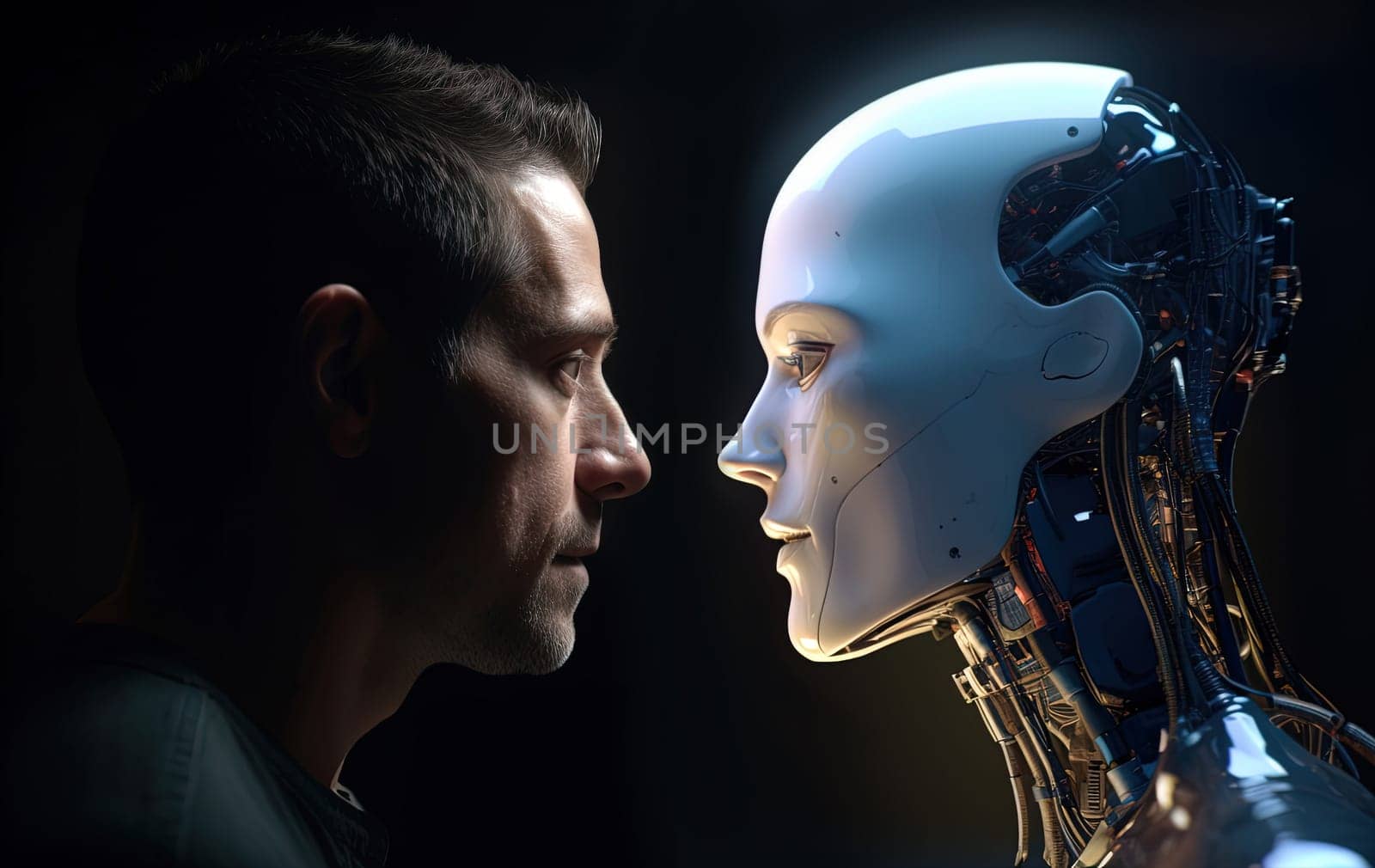 A close-up view of a humanoid female robot and a human male facing each other closely. The image is captured from a side view and set against a dark background. A.I. generated image.