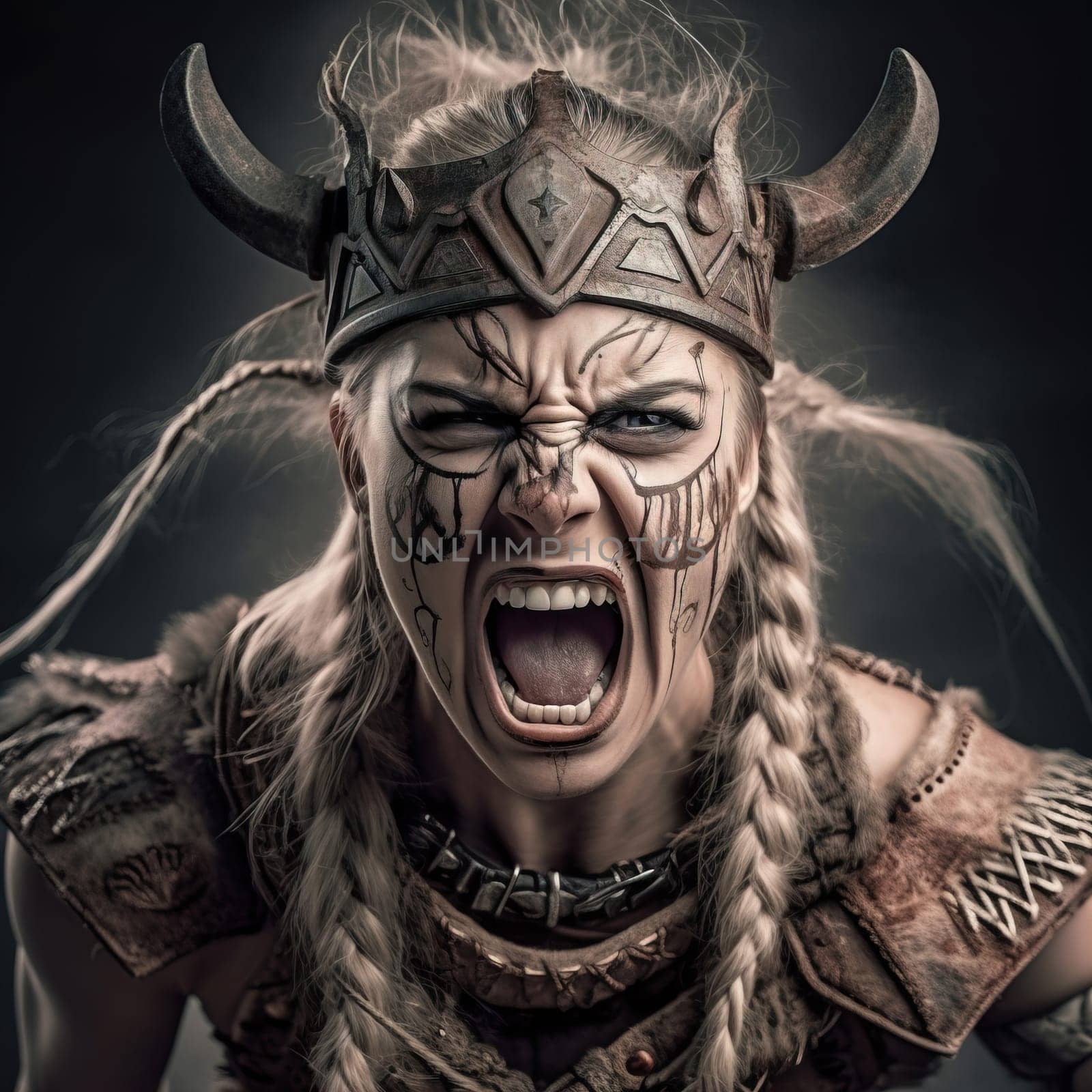A close-up view of a young Viking woman screaming angrily as she faces the camera. The image showcases intricate details of her typical Viking clothing and ornate decorations, emphasizing her intense expression and fierce demeanor. A.I. generated image.