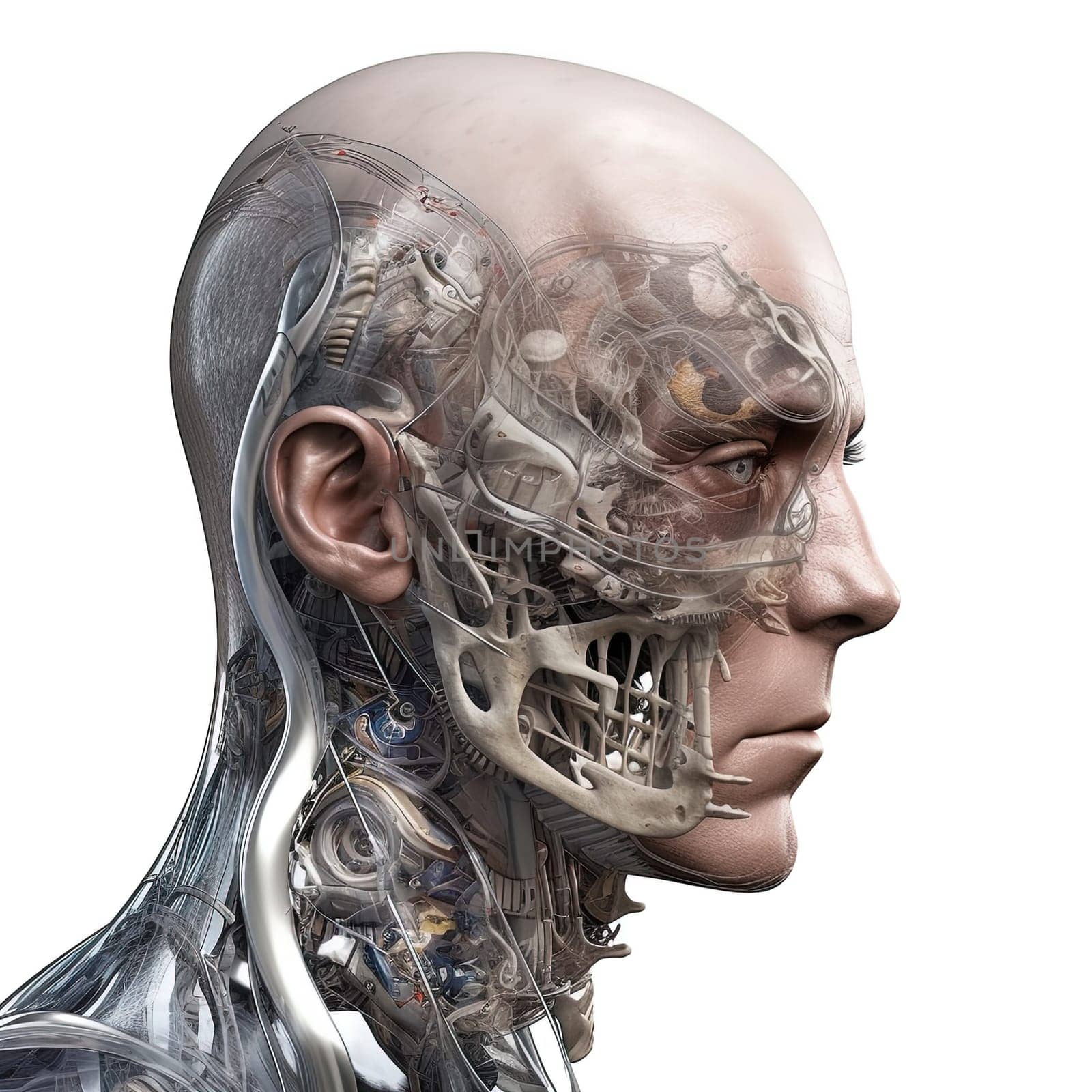 A close-up view of a cyborg head, featuring a combination of robotic and human elements, with half of the head resembling a robot and the other half a human. The image is captured on a white background. A.I. generated image.
