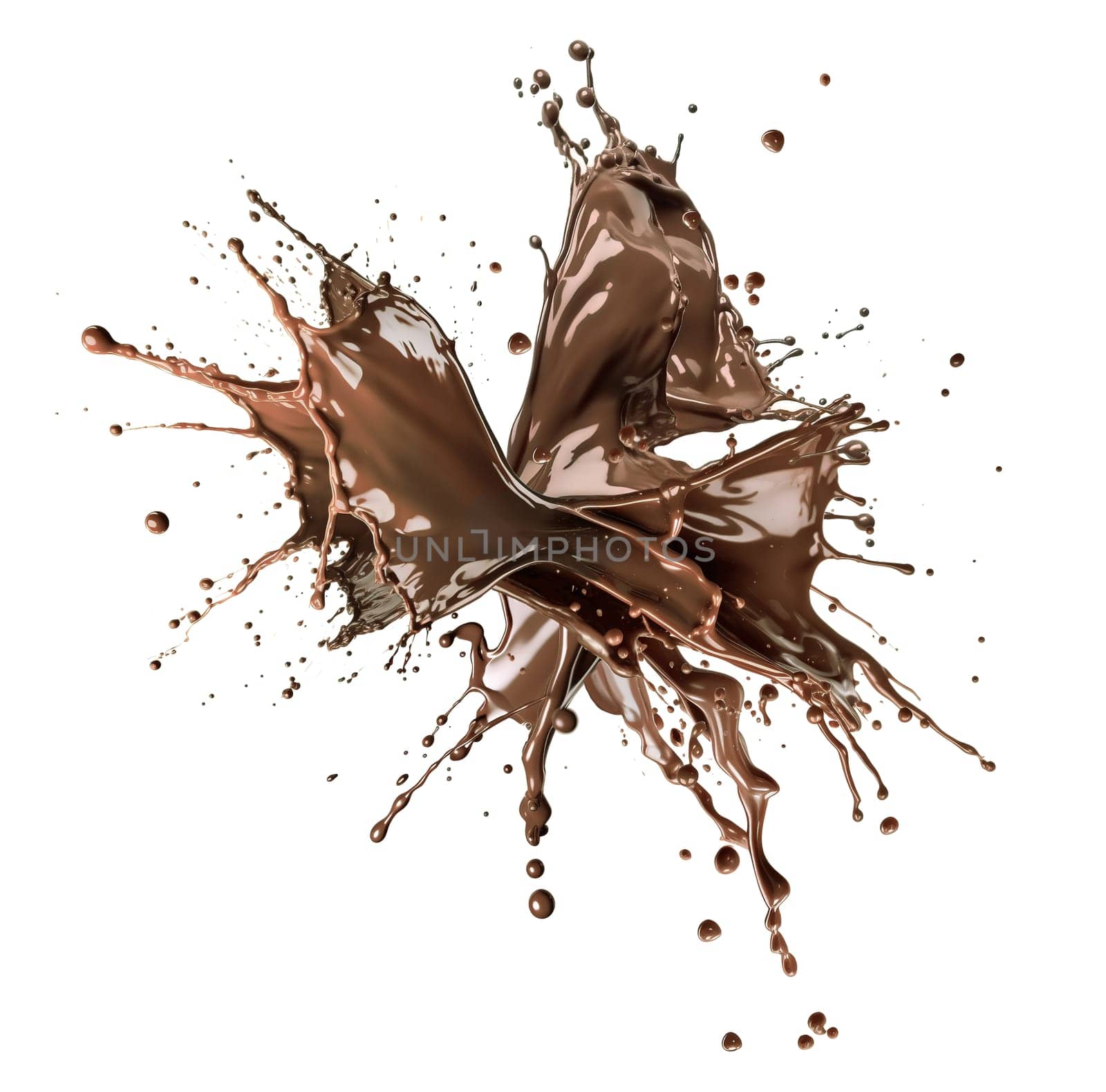 liquid chocolate splash explosion. Isolated On white background. A.I. generated image.