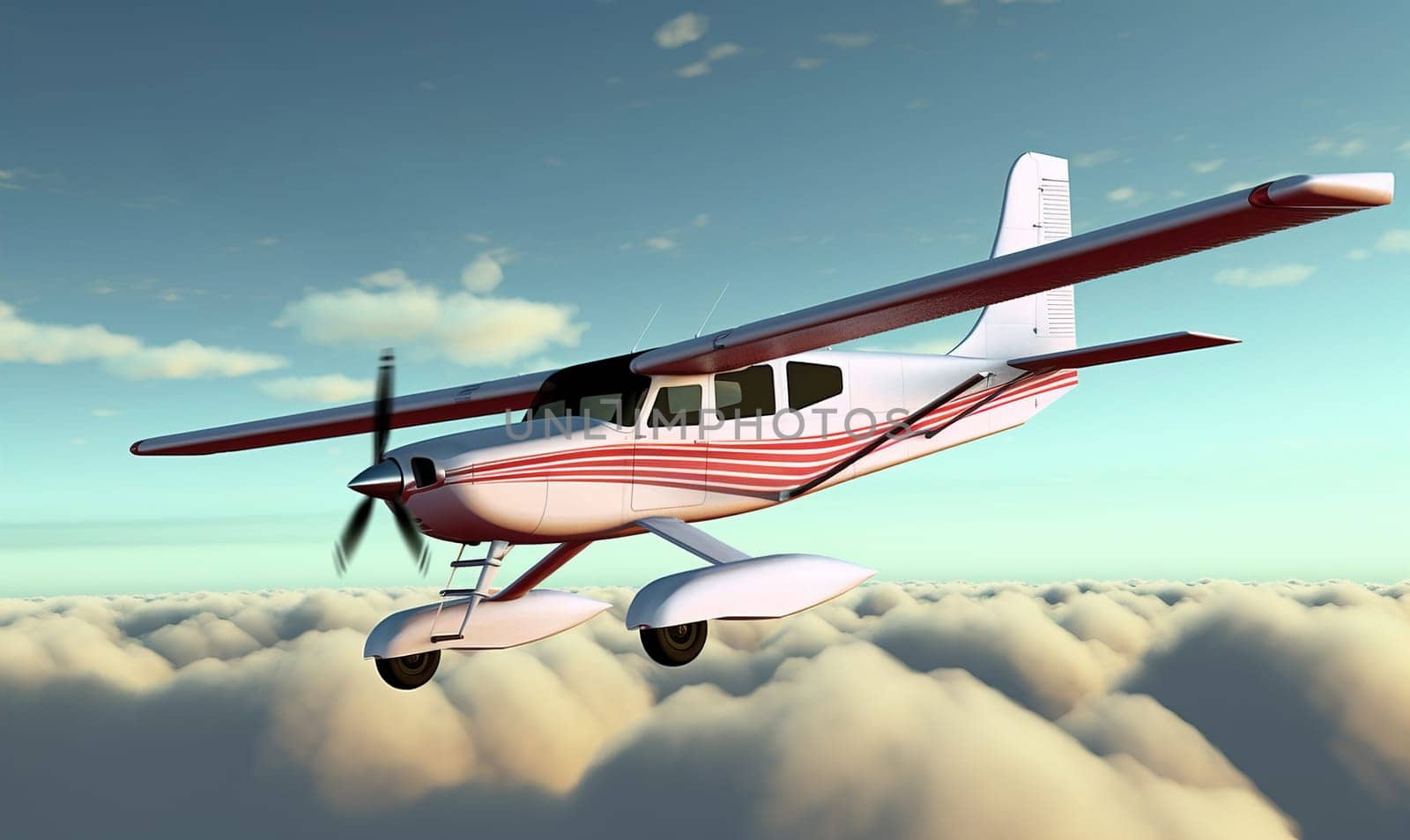A small airplane flying against a sky background. A.I. generated image.