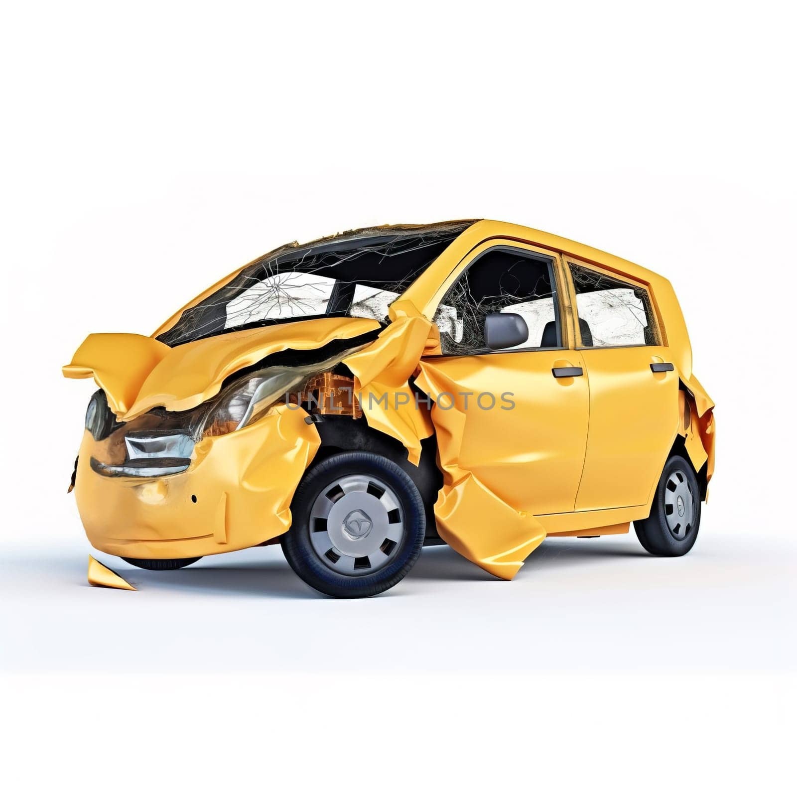 car crashed. Yellow city car heavily damaged on the front part. Isolated on white background. Perspective view. A.I. generated image.