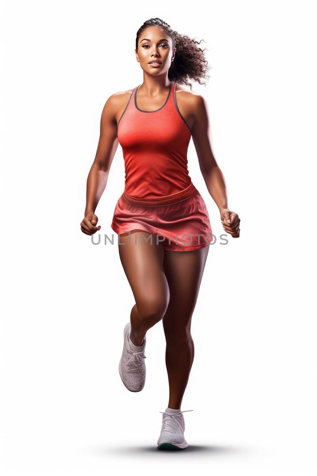 Young woman in sportswear looking at camera, walking on white background. Artificial Art