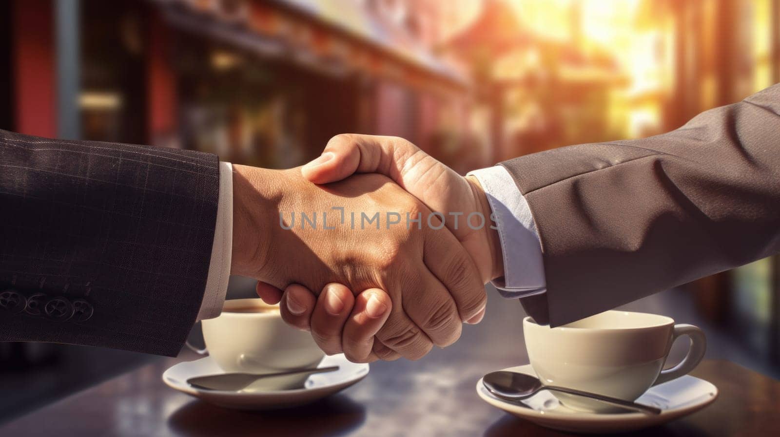 Business people in office suits standing and shaking hands, close-up. Business communication concept. Handshake and marketing. artificial art