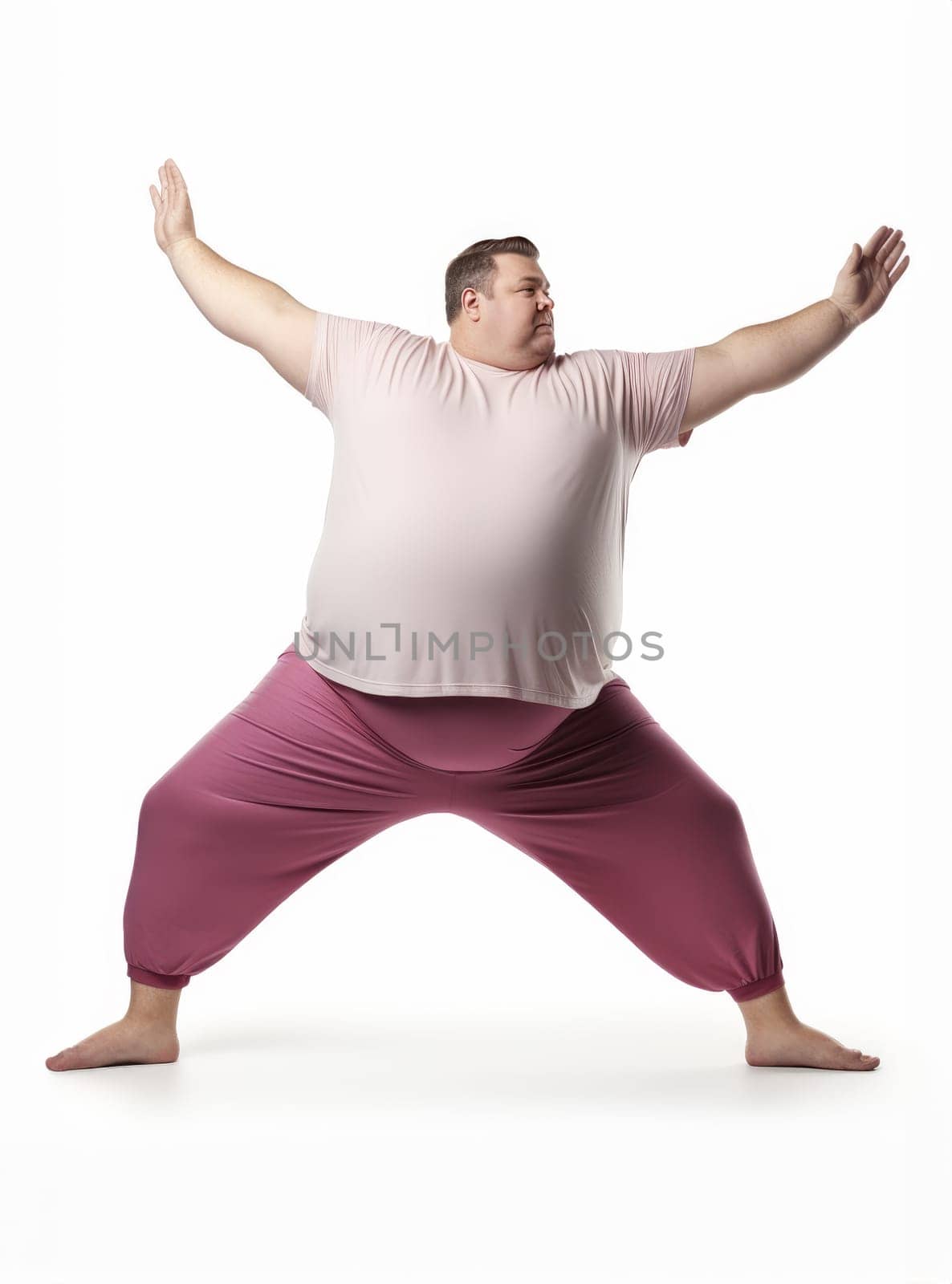 Active fat person doing sports on white background. artificial art