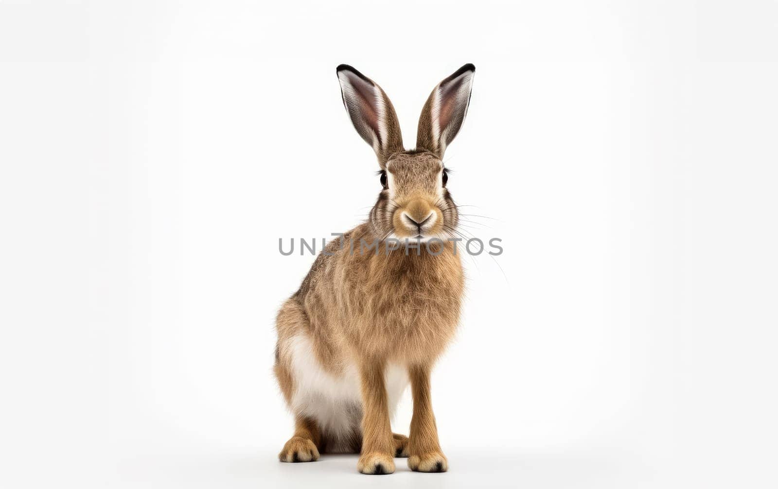 A big brown hare standing alone isolated on white background. artificial art