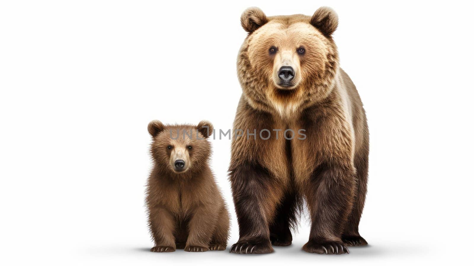 Brown Bear Family Portrait - Mother and Cub in Studio on white background. Artificial Art